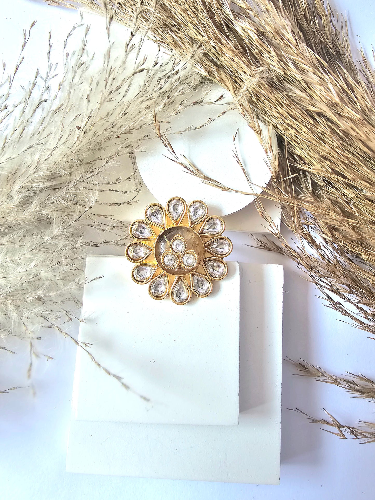 Golden Flower Design Small Oval Shape Kundan Ring