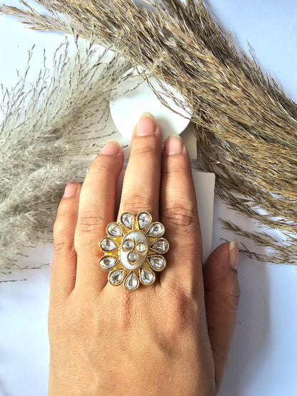 Golden Flower Design Kundan Ring
