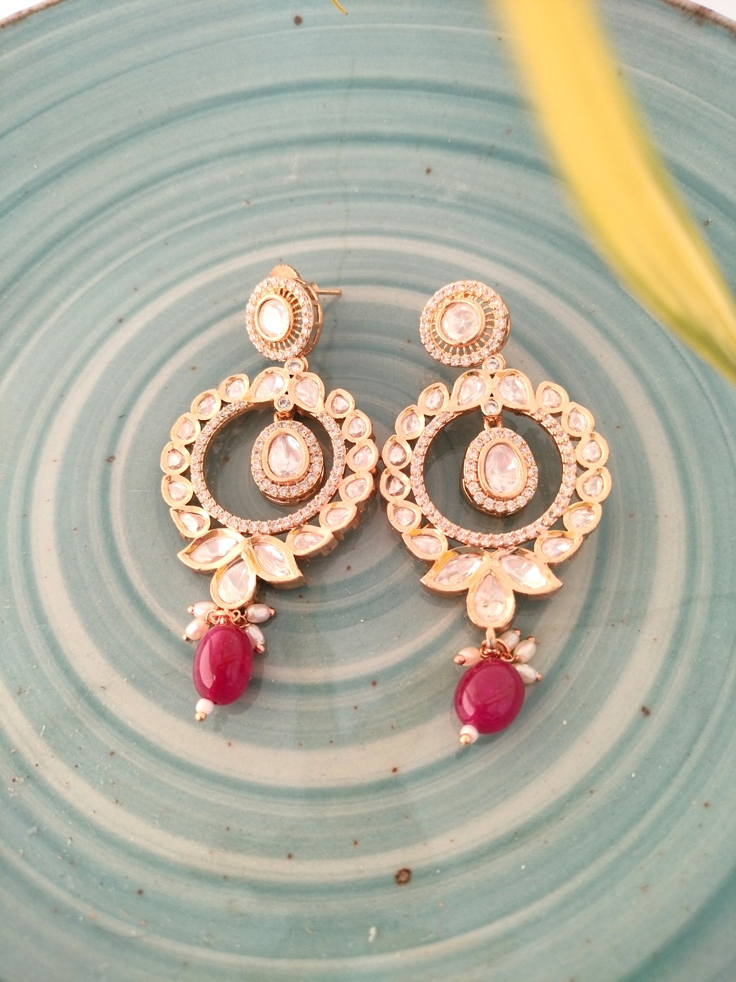 Polki Long Dangle Drop Earring With Pink Stone