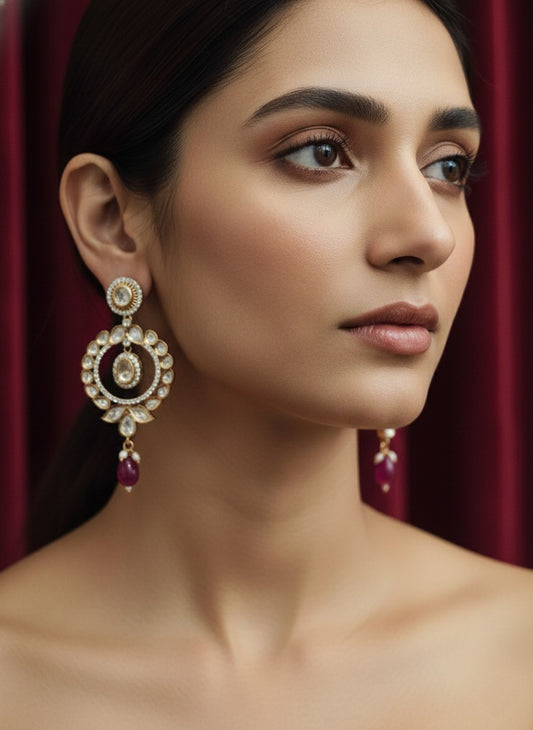 Polki Long Dangle Drop Earring With Pink Stone