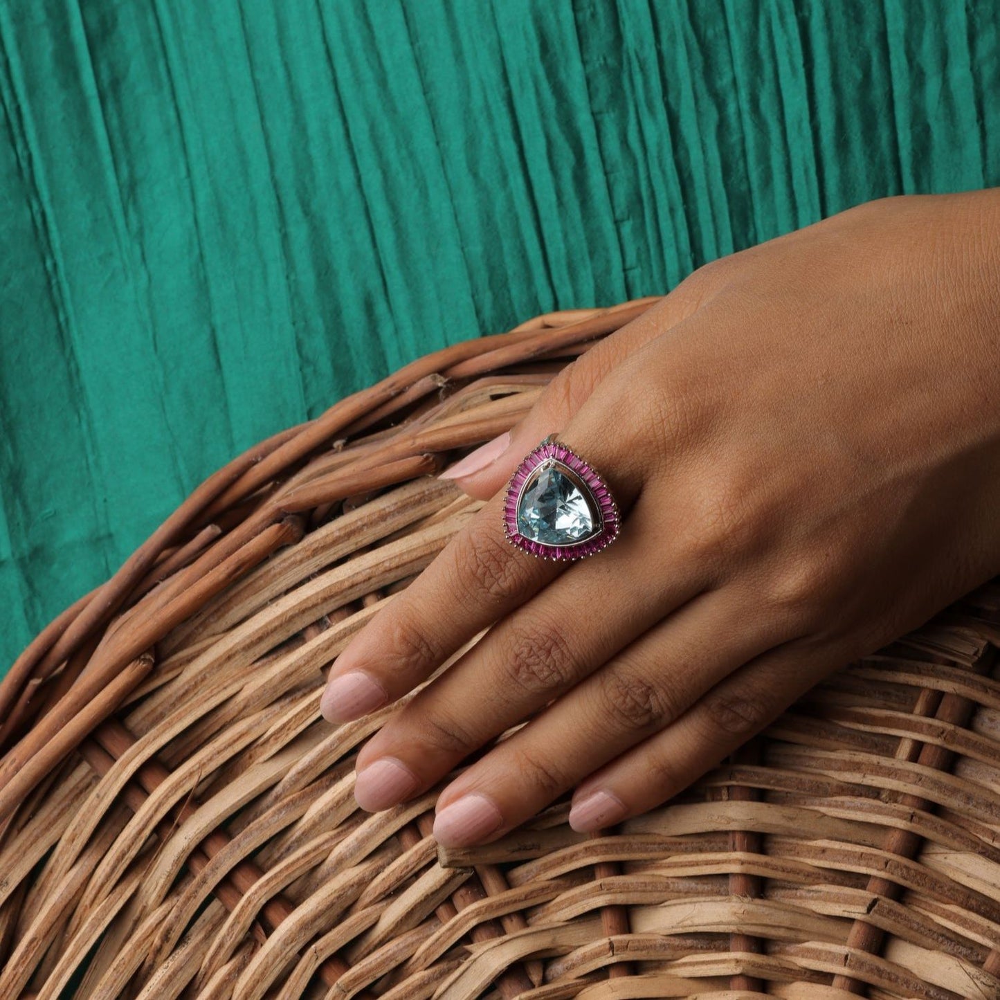 Triangle Shape Ring With Pink Stone Border