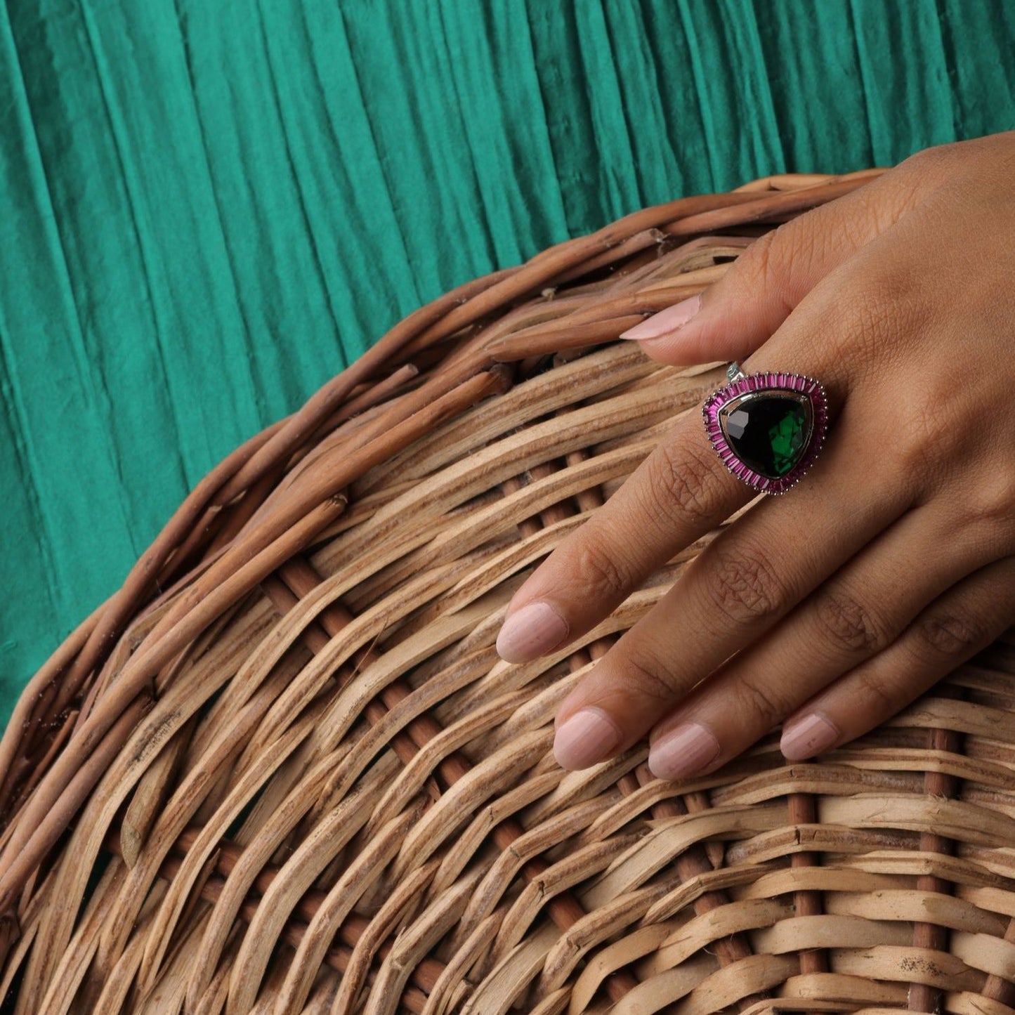 Triangle Shape Ring With Pink Stone Border