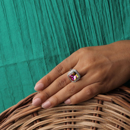 Square Shape Ring With White stone Border