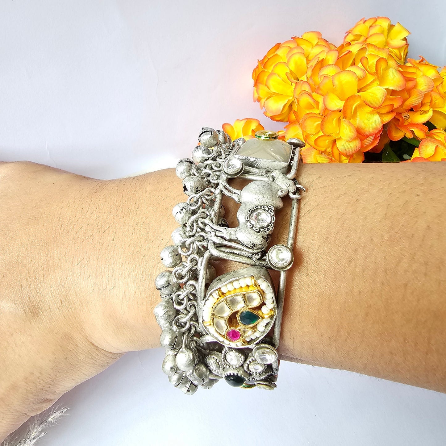 Silver Flower Design Bracelet With Ghungroo