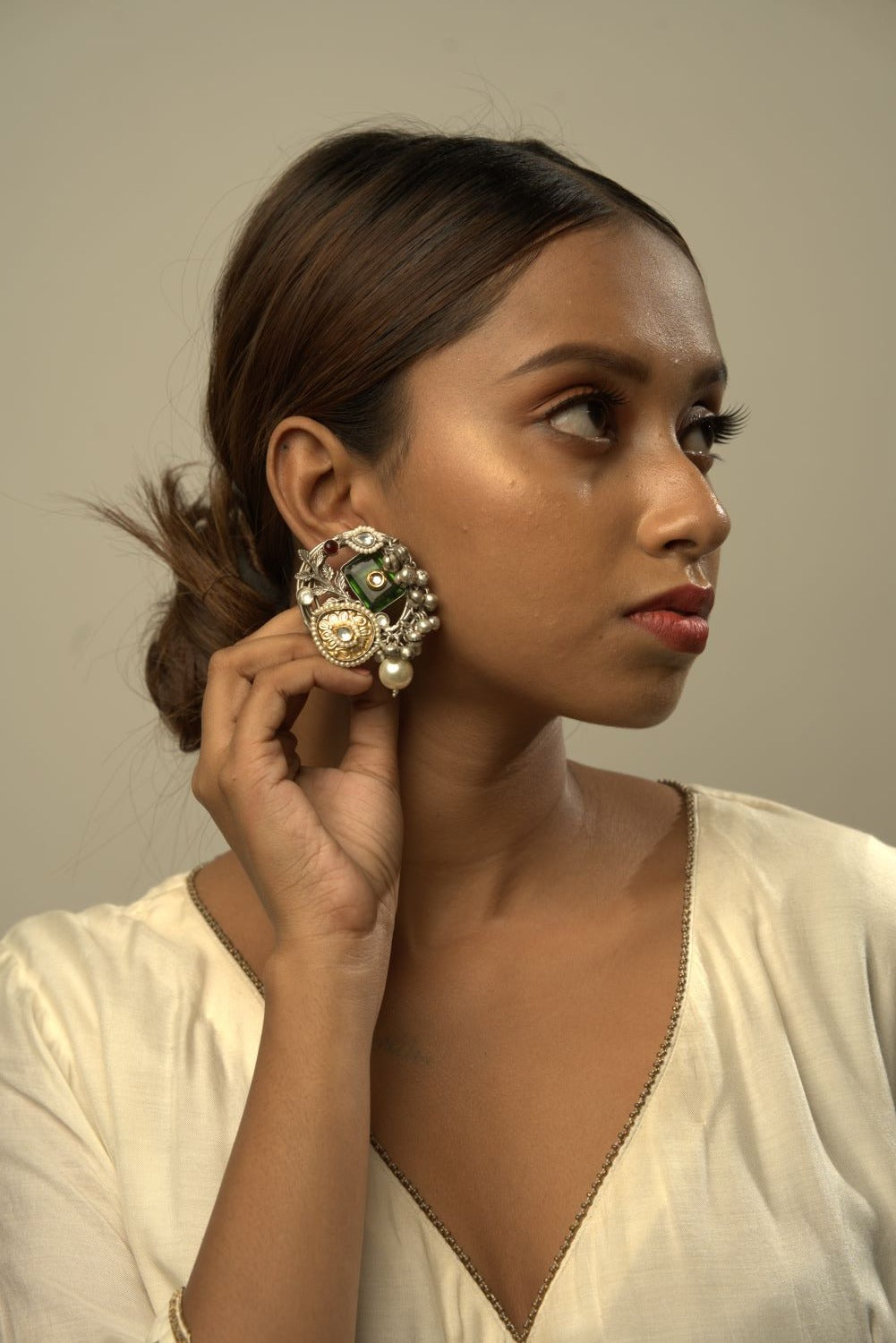 Silver Stud With Green Stone