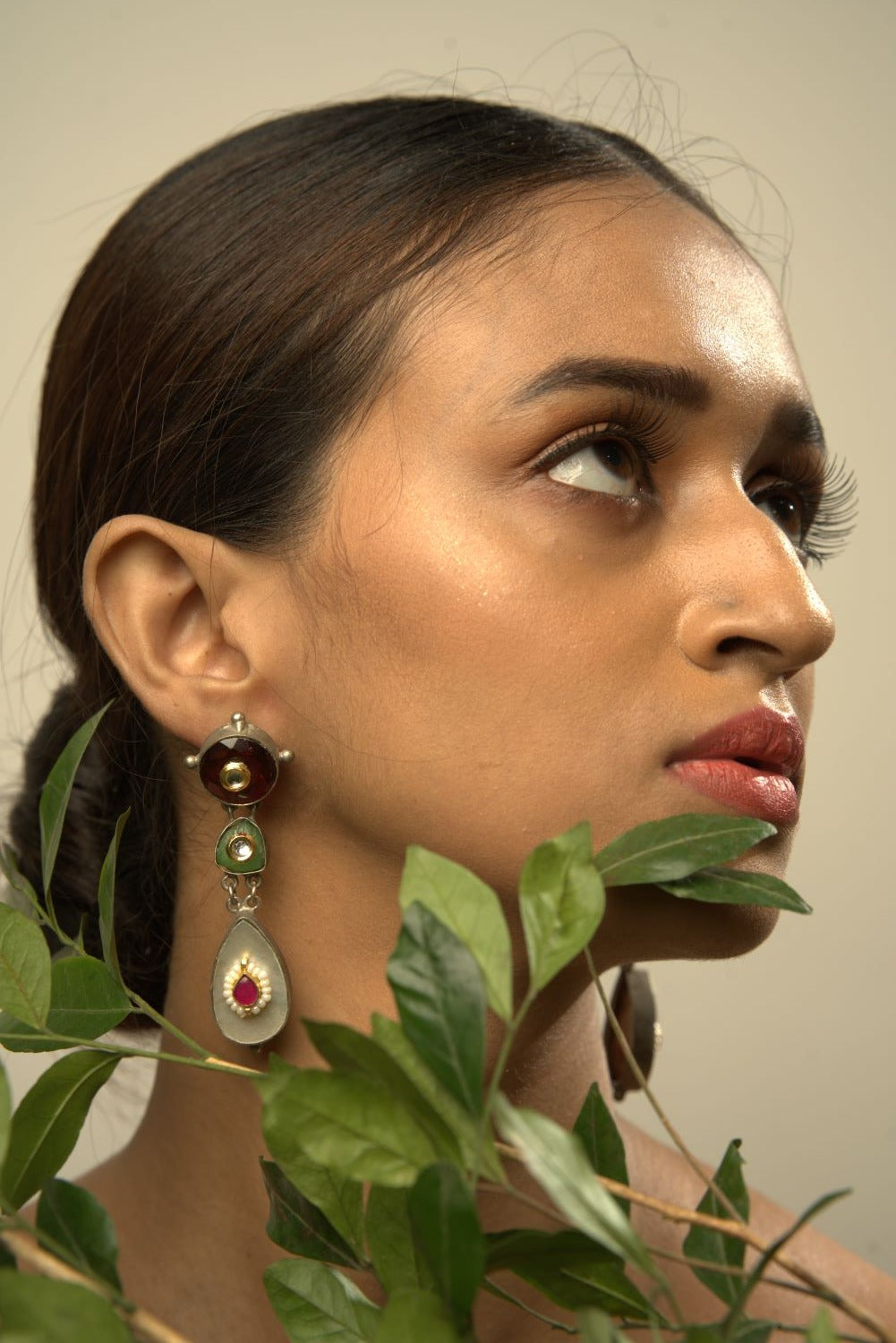 Red & Green Stone Silver Earring