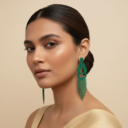 Chandbali Green Stone Long Earring