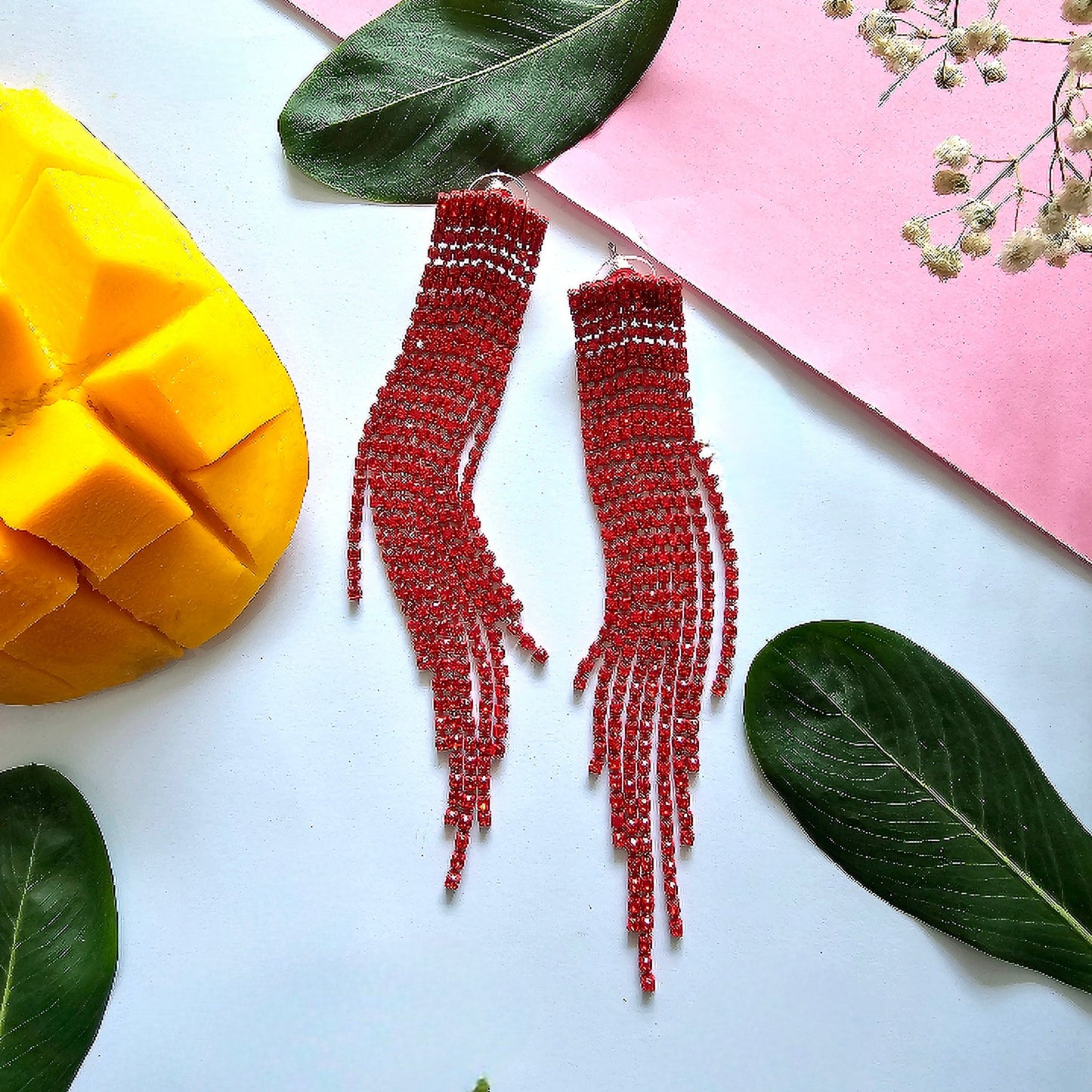 Red Stone Long Tassel Earring