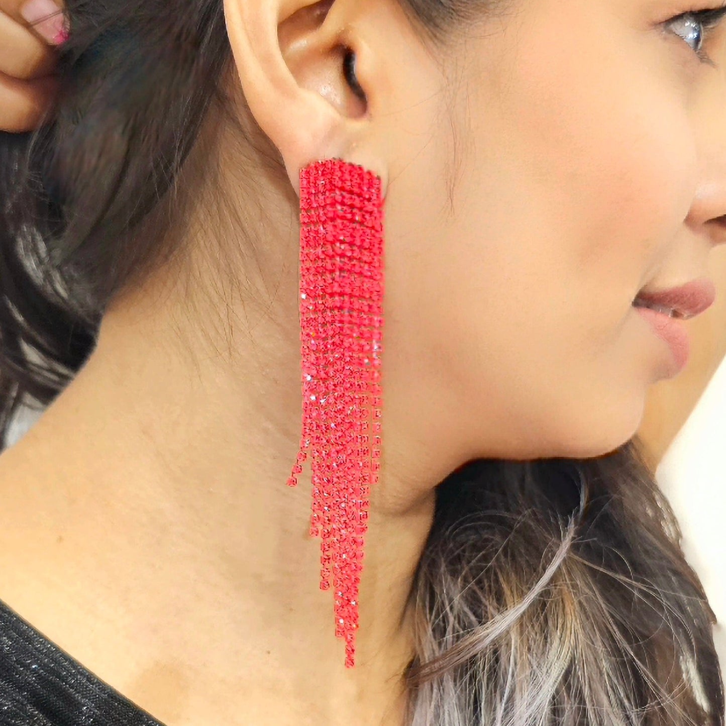 Red Stone Long Tassel Earring