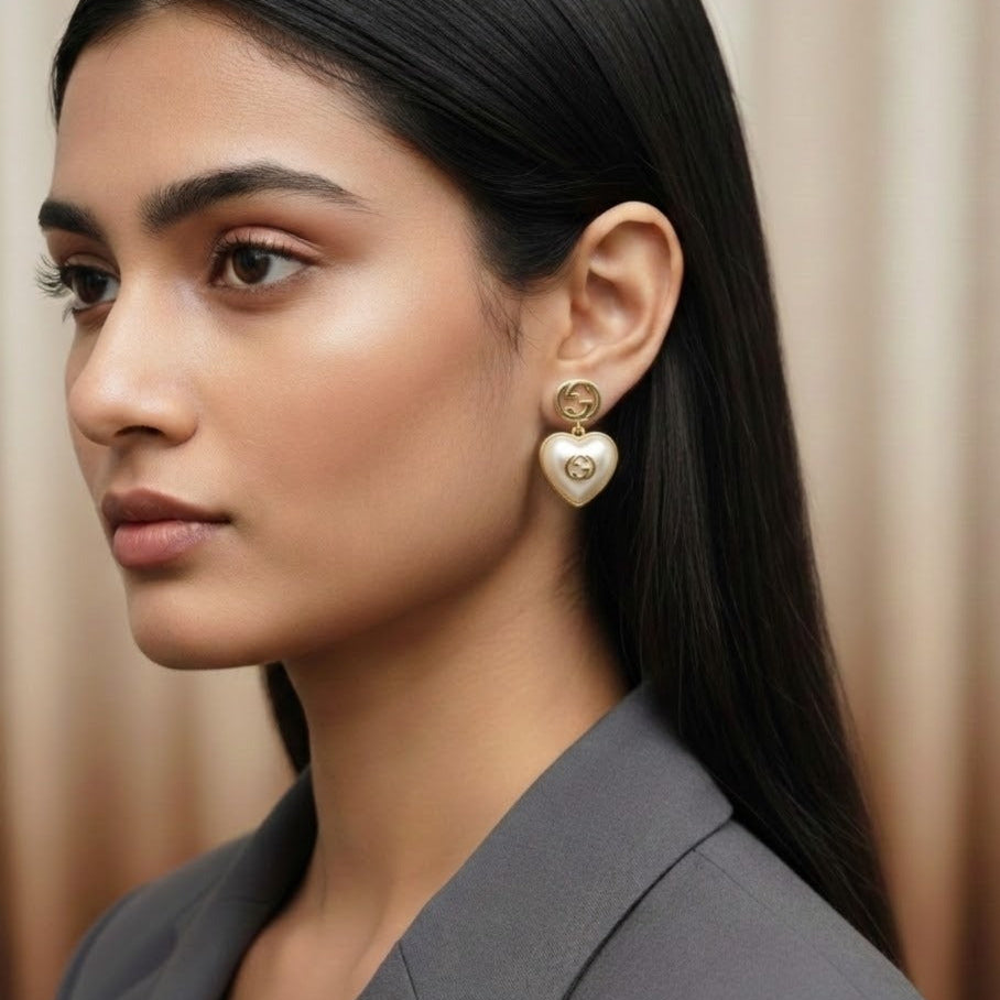 Luxury Heart Pearl Gold Drop Earrings ? Elegant Designer Inspired Jewelry