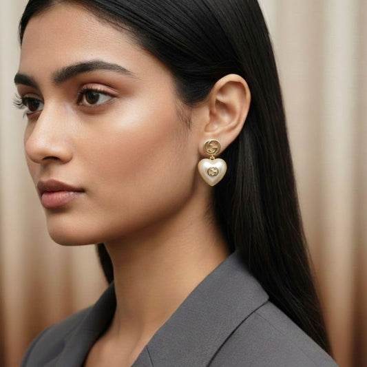 Luxury Heart Pearl Gold Drop Earrings ? Elegant Designer Inspired Jewelry
