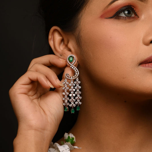 White Finish Earrings With Green Synthetic Stone Earring