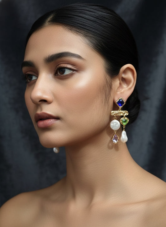 Diamond Heart Water Drop Pearl Earrings