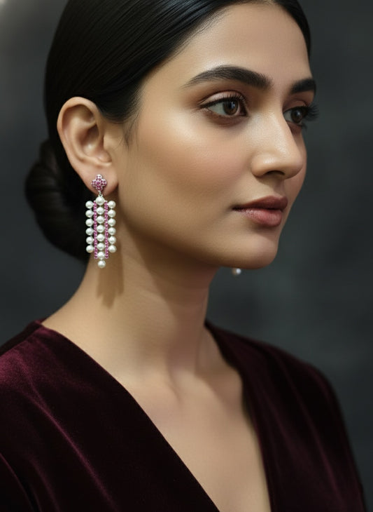 White Zircon And Synthetic Ruby Stone Dangler Earrings