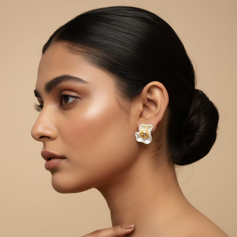 Cute Floral Stud Earrings for Women  White Enamel Gold Flower Earrings