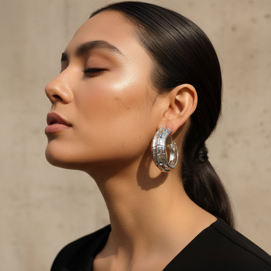 Textured Bold Silver Statement Hoop Designer Earrings for Women | Party Wear & Statement Jewellery