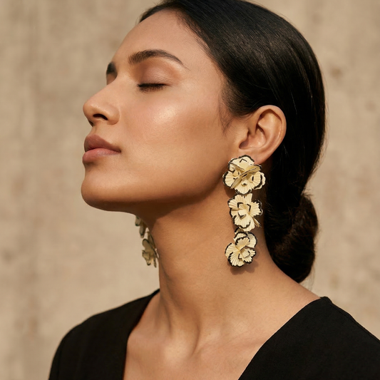 Gold Floral Cascade Statement Earrings ? Trendy Long Drop Dangle Earrings for Women