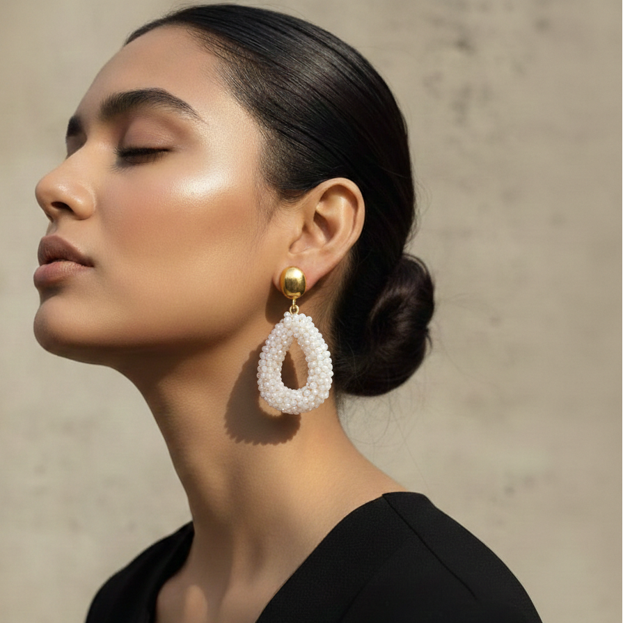 Elegant Black Beaded Teardrop Statement Designer Earrings with Gold Stud for Women | Party Wear & Statement Jewellery