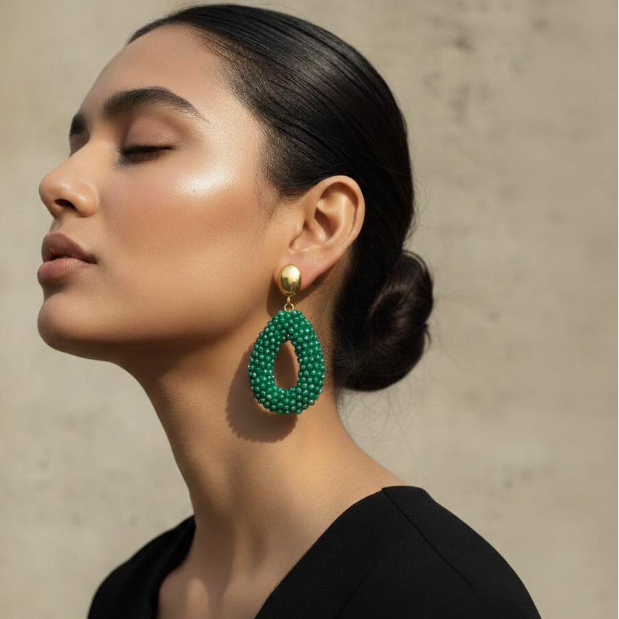 Elegant Black Beaded Teardrop Statement Designer Earrings with Gold Stud for Women | Party Wear & Statement Jewellery