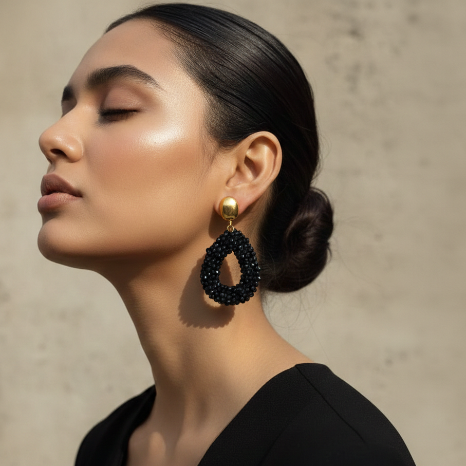 Elegant Black Beaded Teardrop Statement Designer Earrings with Gold Stud for Women | Party Wear & Statement Jewellery