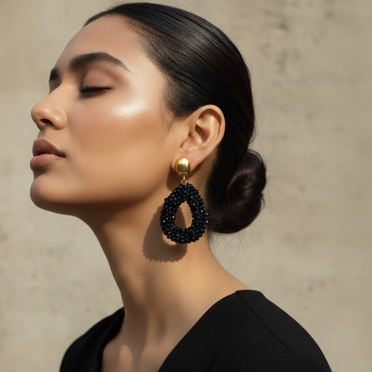 Elegant Black Beaded Teardrop Statement Designer Earrings with Gold Stud for Women | Party Wear & Statement Jewellery