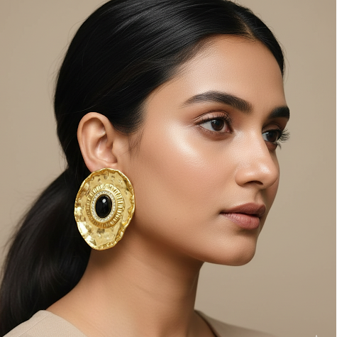 Oversized Elegant Black Stone And Gold Statement Designer Earrings for Women | Party Wear & Statement Jewellery