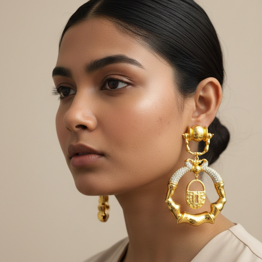 Gold Statement Lock Charm Earrings ? Trendy Designer Drop Earrings for Women