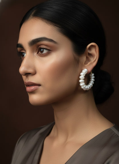 Button Pearl Gold Large Hoop Earring