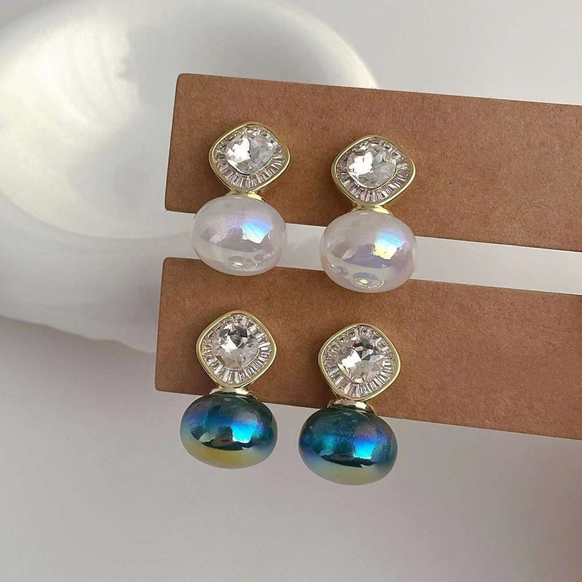 Stone & White Button Pearl Stud Earring