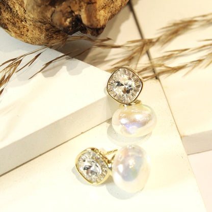 Stone & White Button Pearl Stud Earring