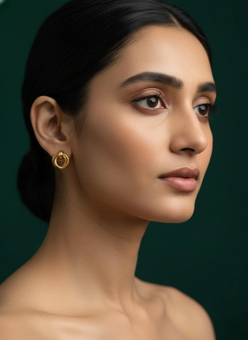 Twin Ring Glossy Gold Stainless Steel Stud Earring