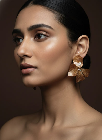 Four Petal Wood Finish Flower Earring