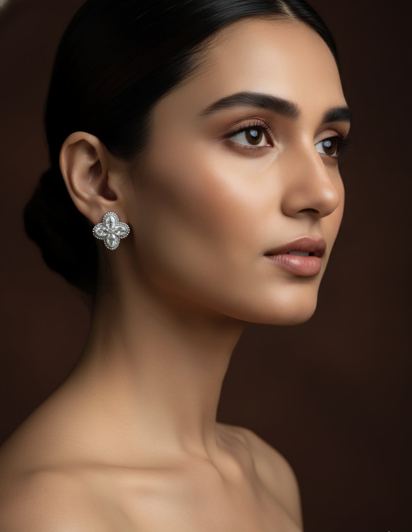 Silver Floral Patten Stud With Stone