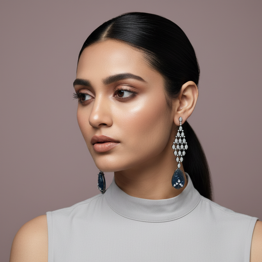 Long Dangle Drop Earring With Stone