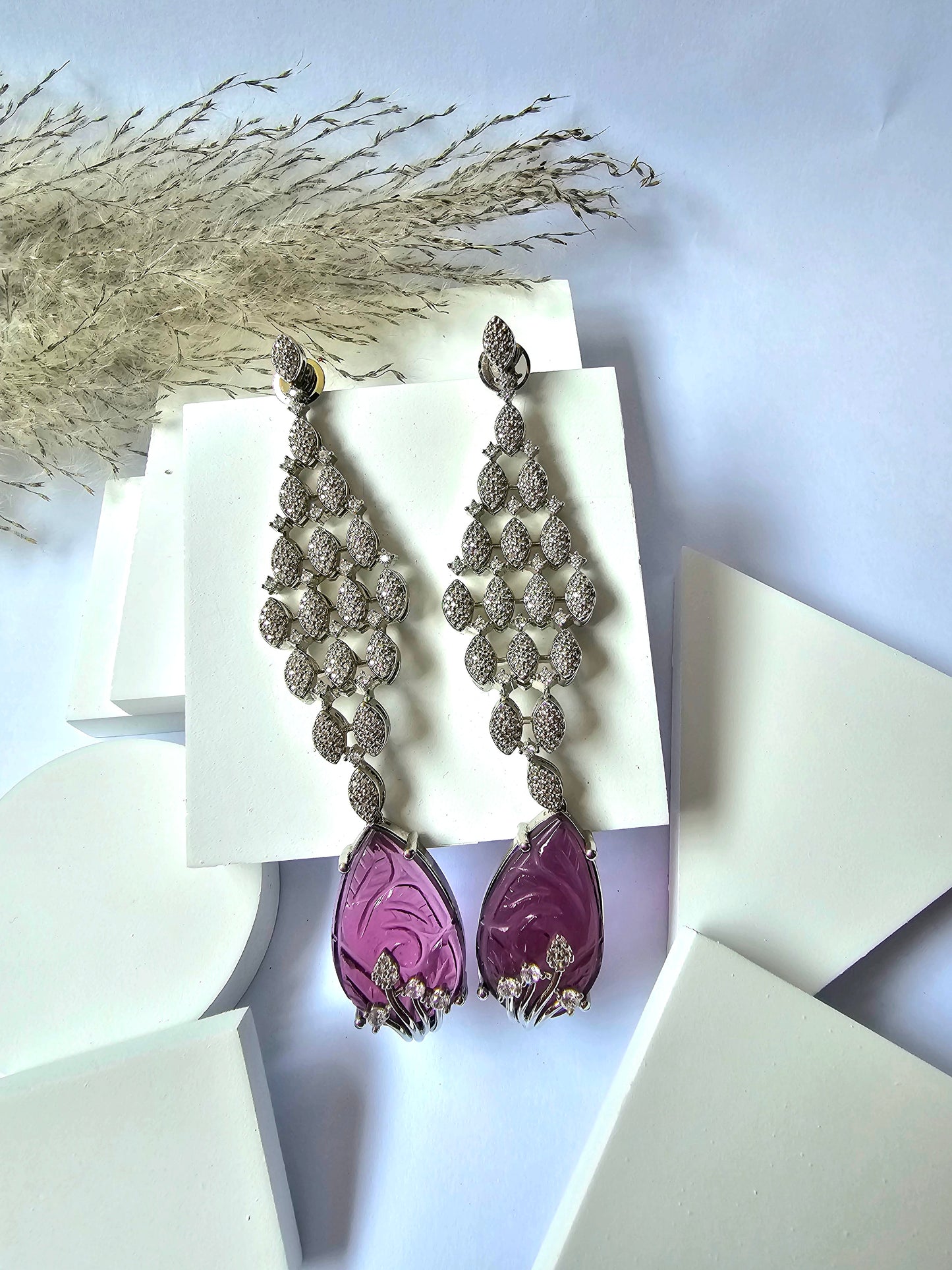 Long Dangle Drop Earring With Stone