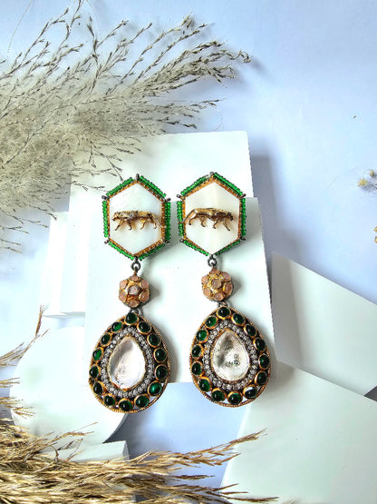 Multicolor Stone And Tiger Design Dangle Drop Earring