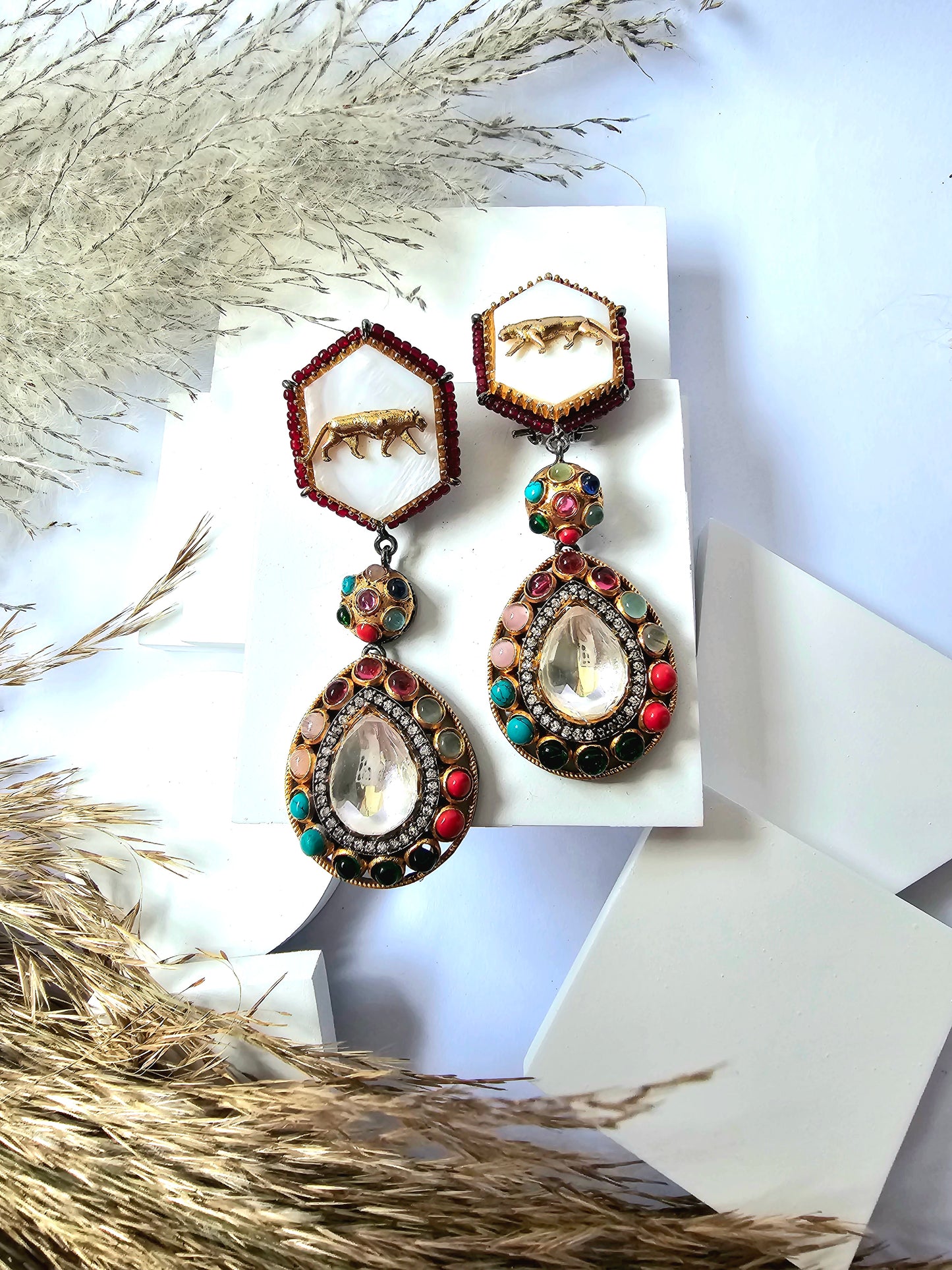 Multicolor Stone And Tiger Design Dangle Drop Earring