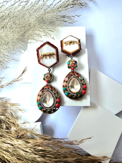 Multicolor Stone And Tiger Design Dangle Drop Earring
