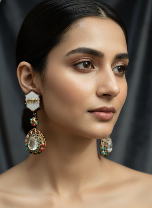 Multicolor Stone And Tiger Design Dangle Drop Earring