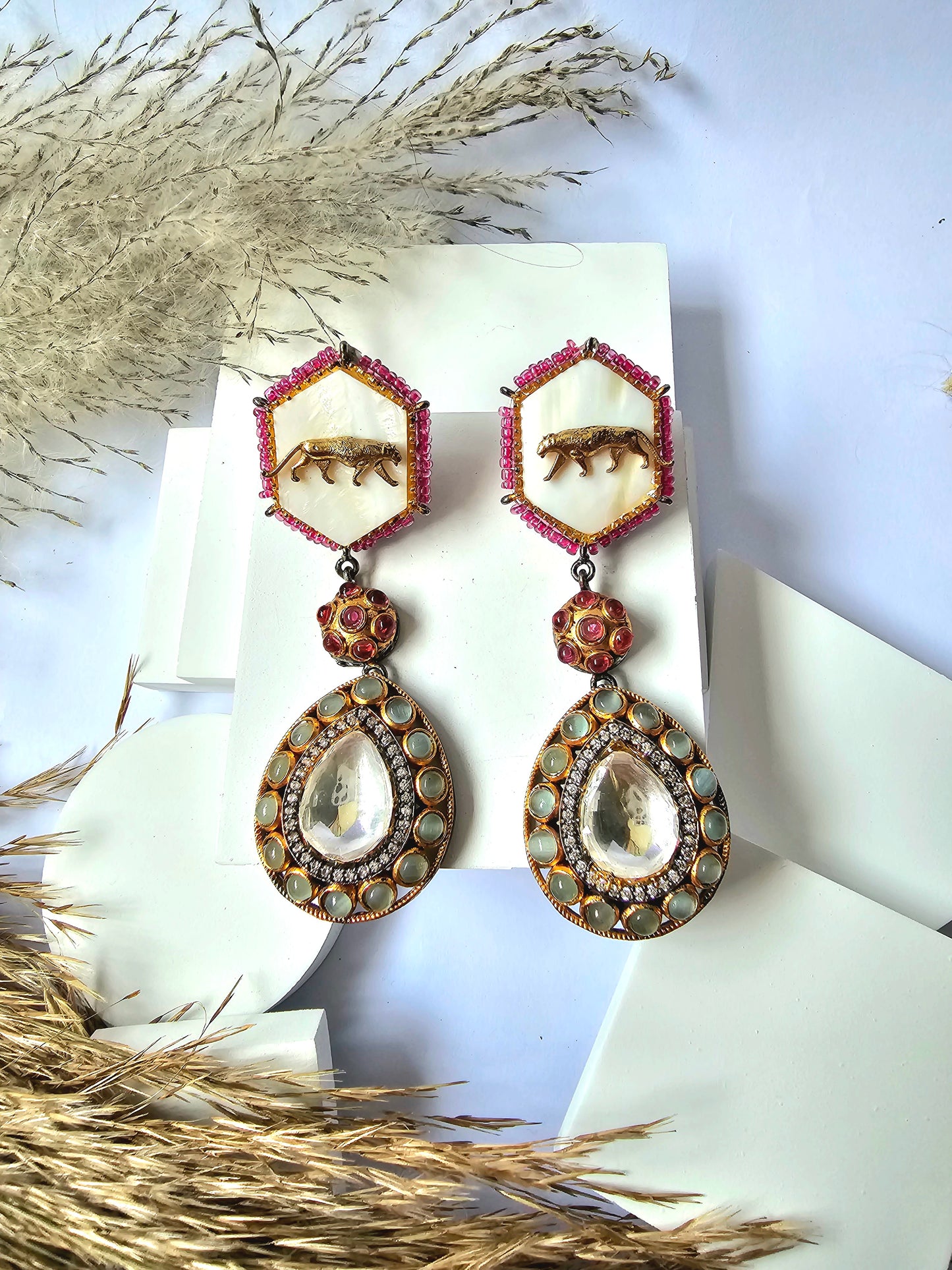 Multicolor Stone And Tiger Design Dangle Drop Earring