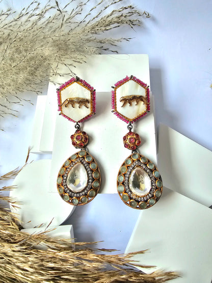 Multicolor Stone And Tiger Design Dangle Drop Earring