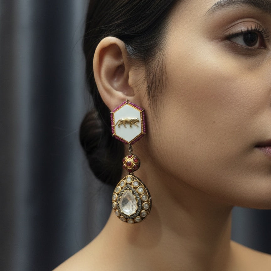 Multicolor Stone And Tiger Design Dangle Drop Earring