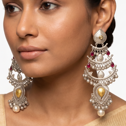 Afgani Tribal Long Dangle & Drop Earring With Green Semi Precious Stone