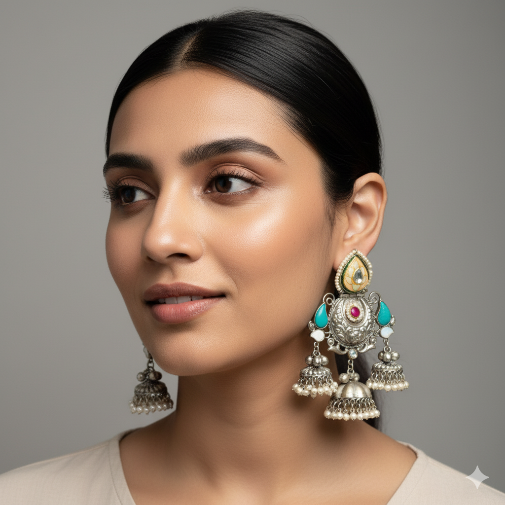 Silver Minakari Jhumka Earring