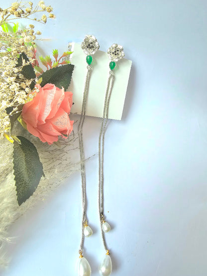 Silver Pearl Tassel Long Chain Drop Dangler Earring