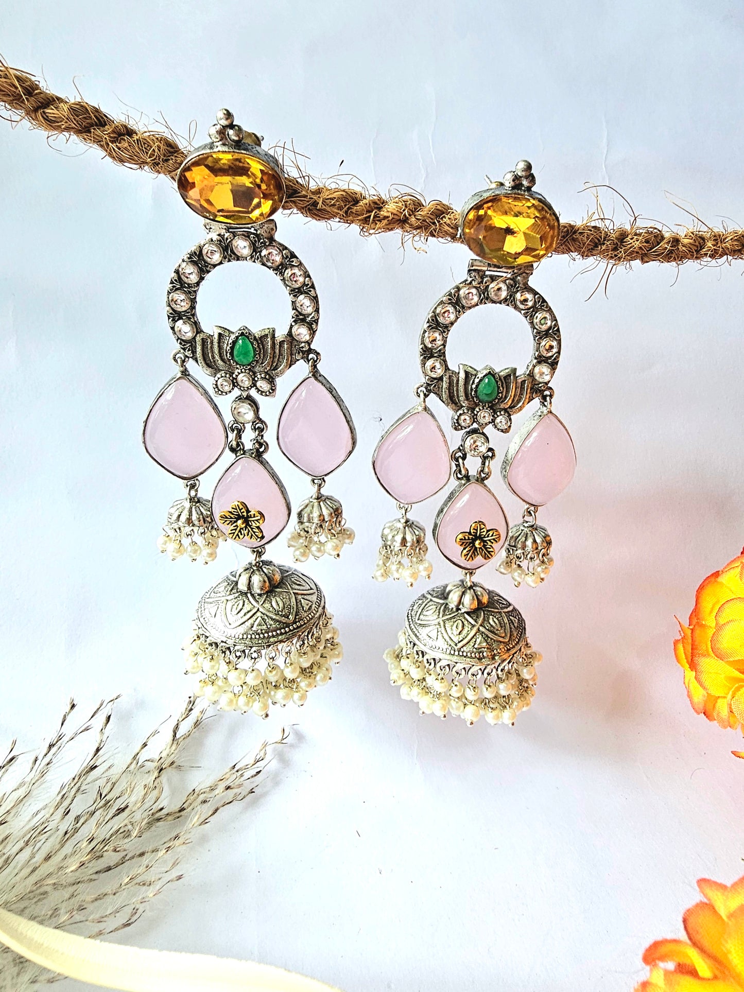 Silver Pink Colour Stone Jhumka Earring