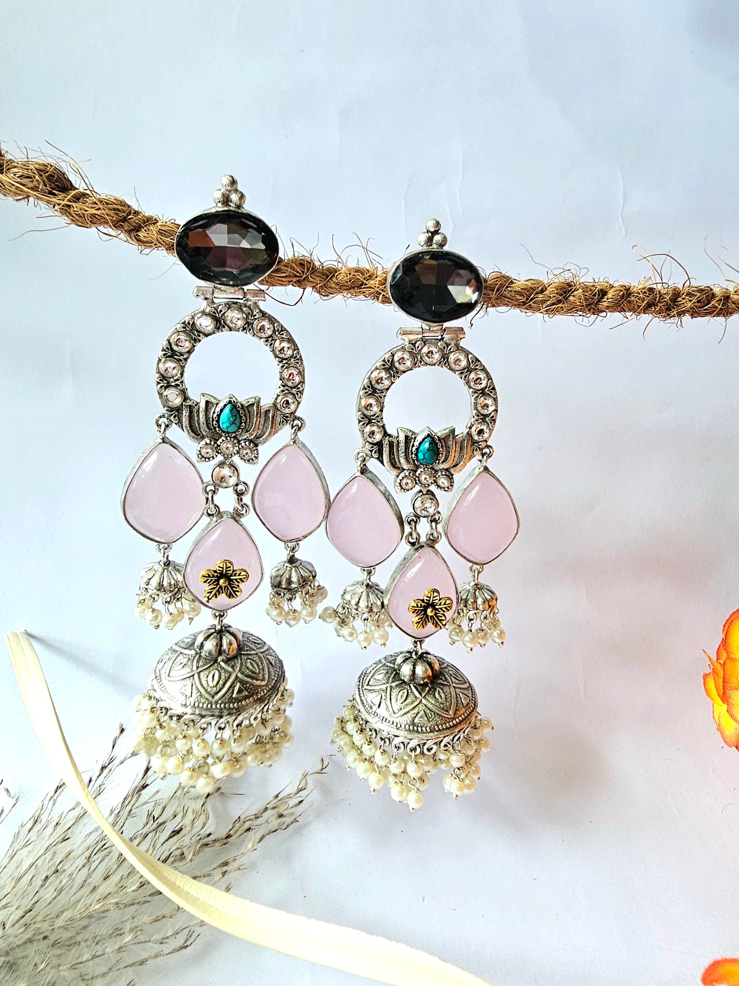 Silver Pink Colour Stone Jhumka Earring