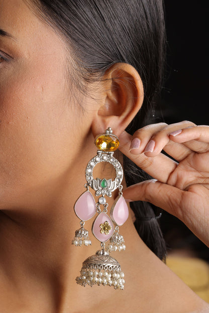 Silver Pink Colour Stone Jhumka Earring