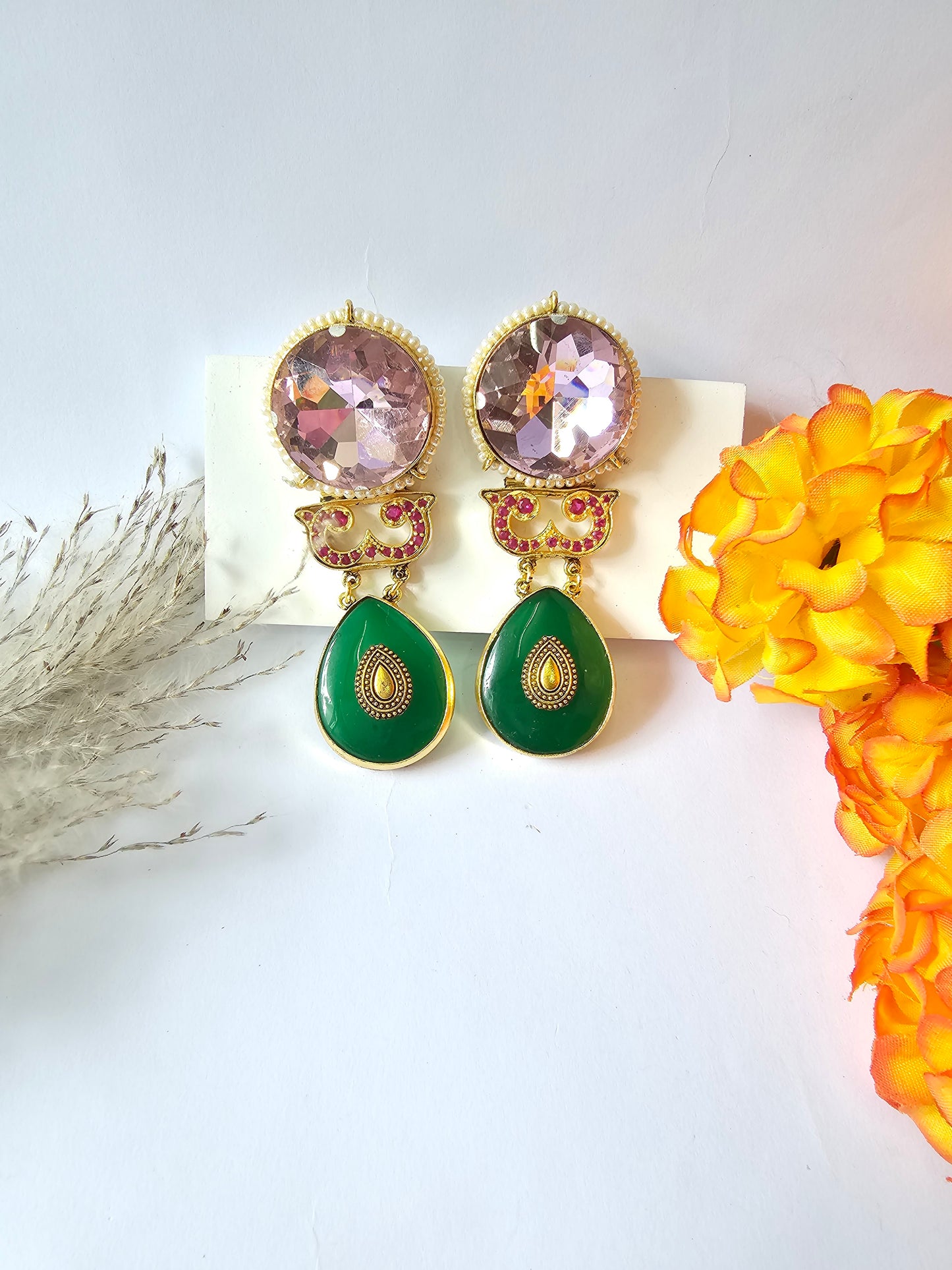 Emerald & Pink Stone Earring