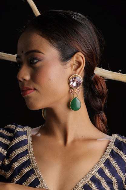 Emerald & Pink Stone Earring